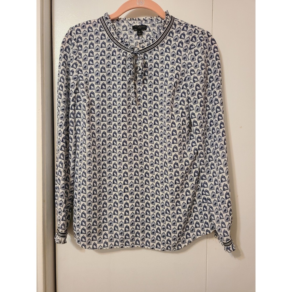 Talbots Grosgrain-Trim Crinkle Blouse Blue and White Bird Cage Print. Small P